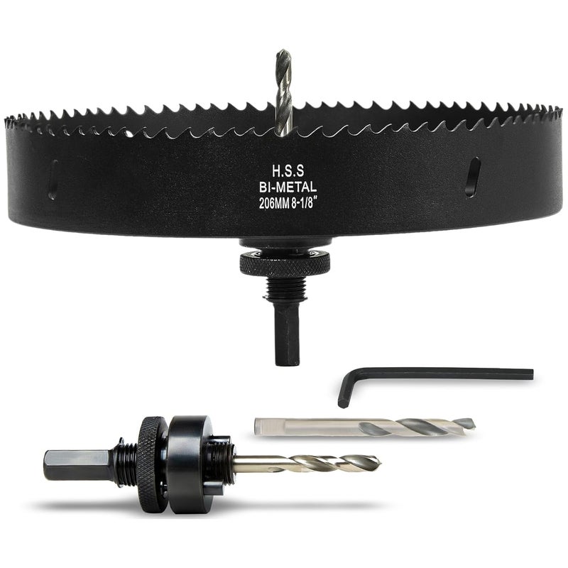 VIKITON 8-1/8 Inch Hole Saw with Arbor for Wood Metal Plastic, 8.1 in Bimetal Hole Cutter, Fast Chip Removal, Smooth Flat Drilling Edge, Lightweight & Portable (Black) - Image 1